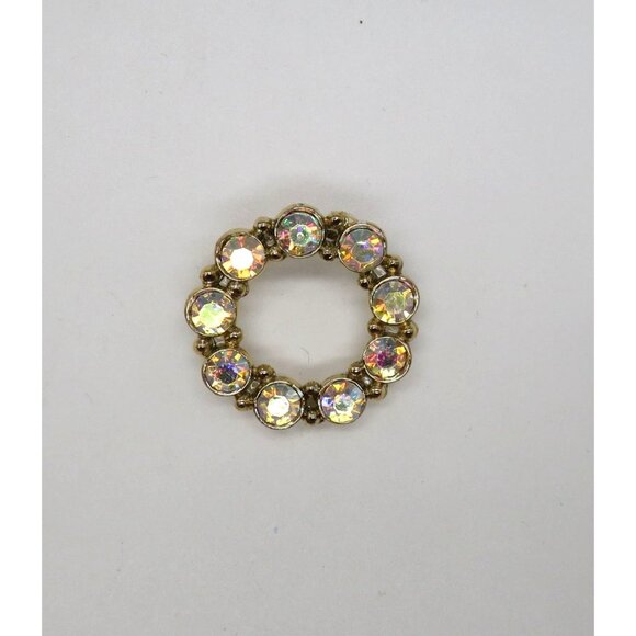 Vintage Brooch Aurora Borealis Crystal Circle Brooch Gold Tone Pin - Picture 1 of 13